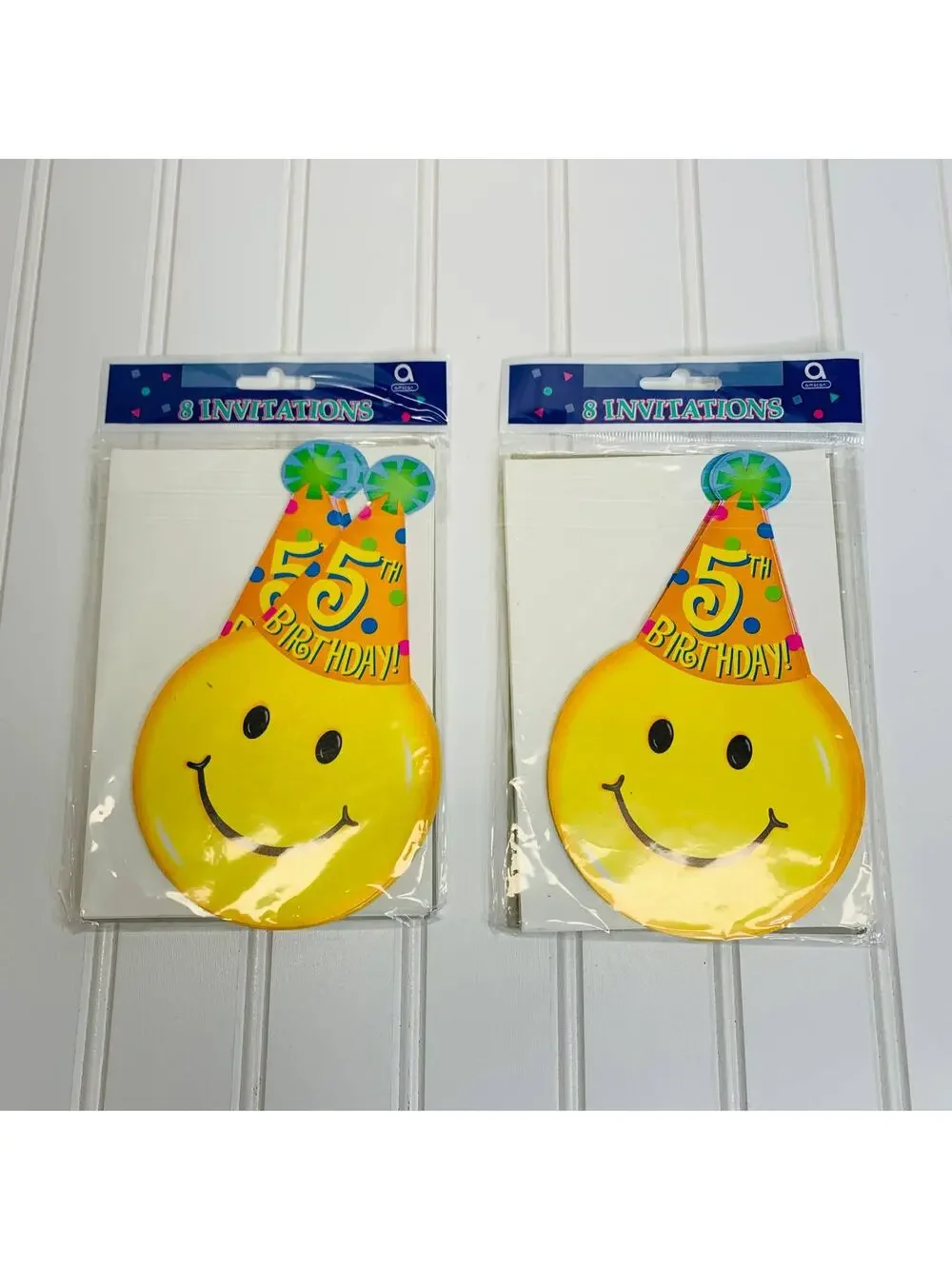 5th Birthday Invitations x 16 NIP Smiley face Party Hat Yellow